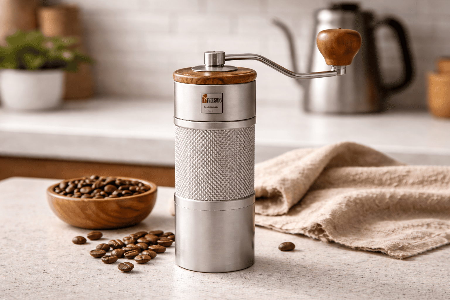 1Zpresso J-series manual coffee grinder beside coffee beans