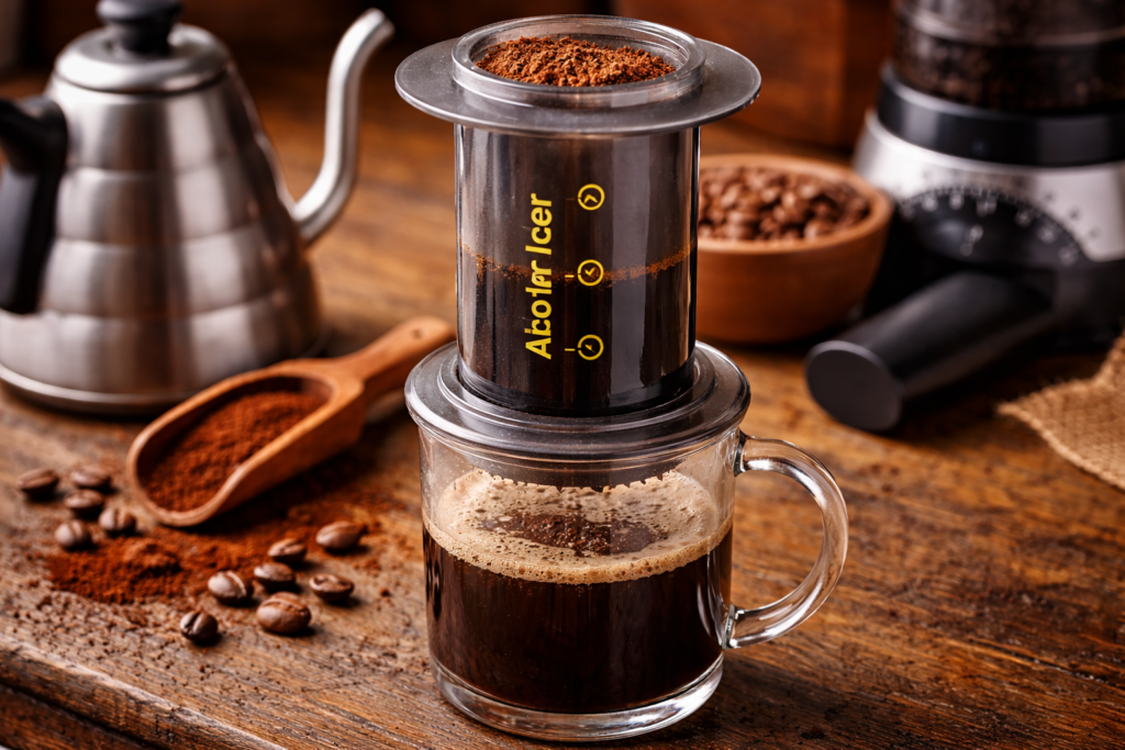 Grind Size Explained: The Complete Guide to Coffee Grind for Better Flavor (Espresso, Drip, Pour-Over & More) 8 AeroPress brewing with medium-fine coffee grounds