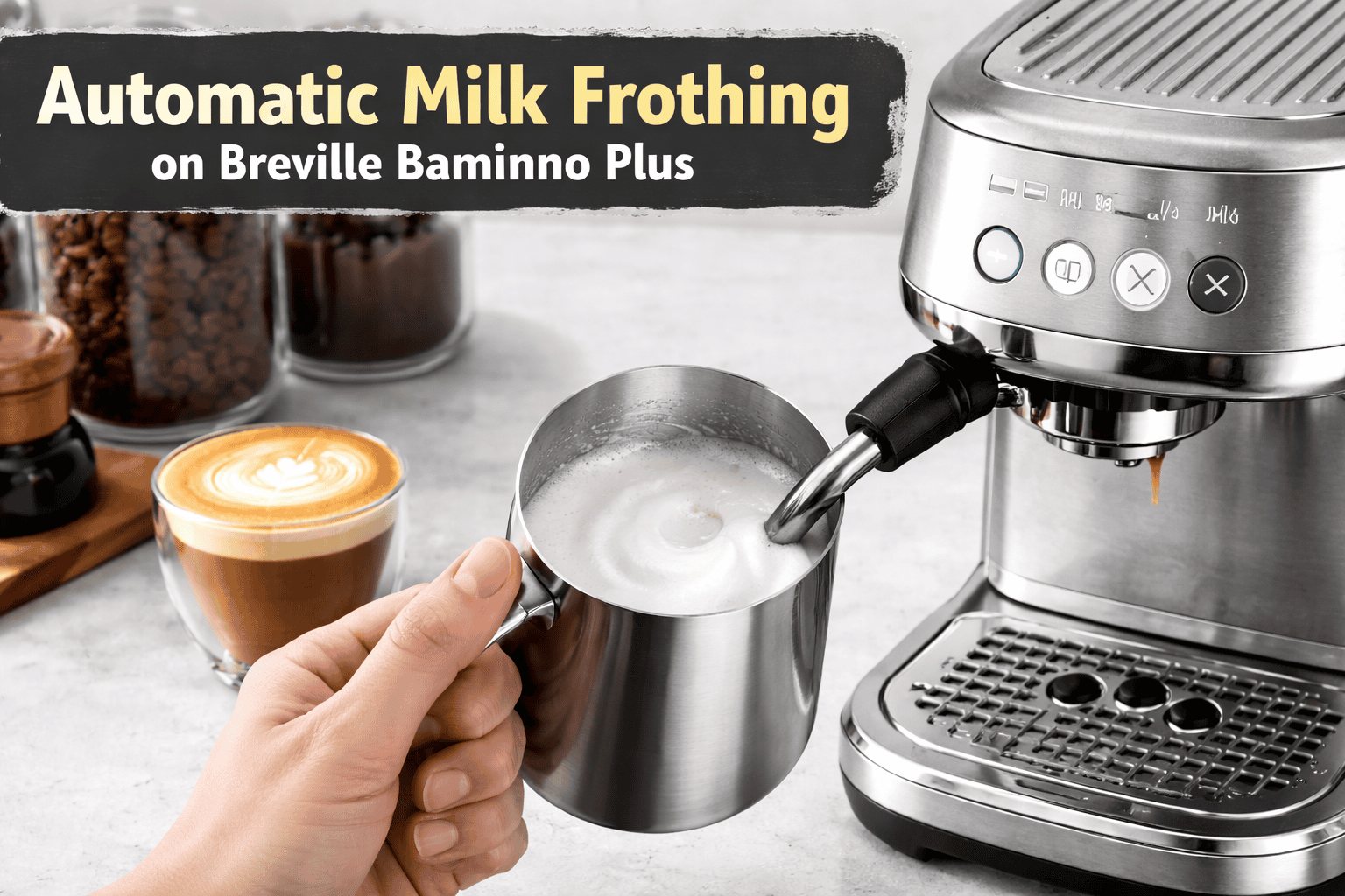 Steam wand texturing milk into glossy microfoam for lattes and cappuccinos