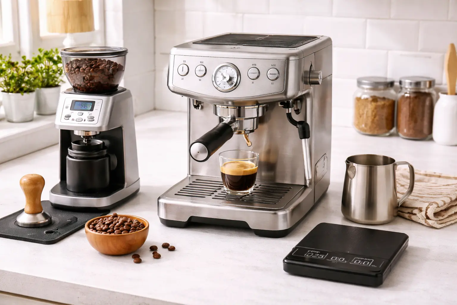 Best Home Espresso Machines (2026): 8 Picks for Every Skill Level 1 Beginner home espresso setup with espresso machine, grinder, scale and milk pitcher