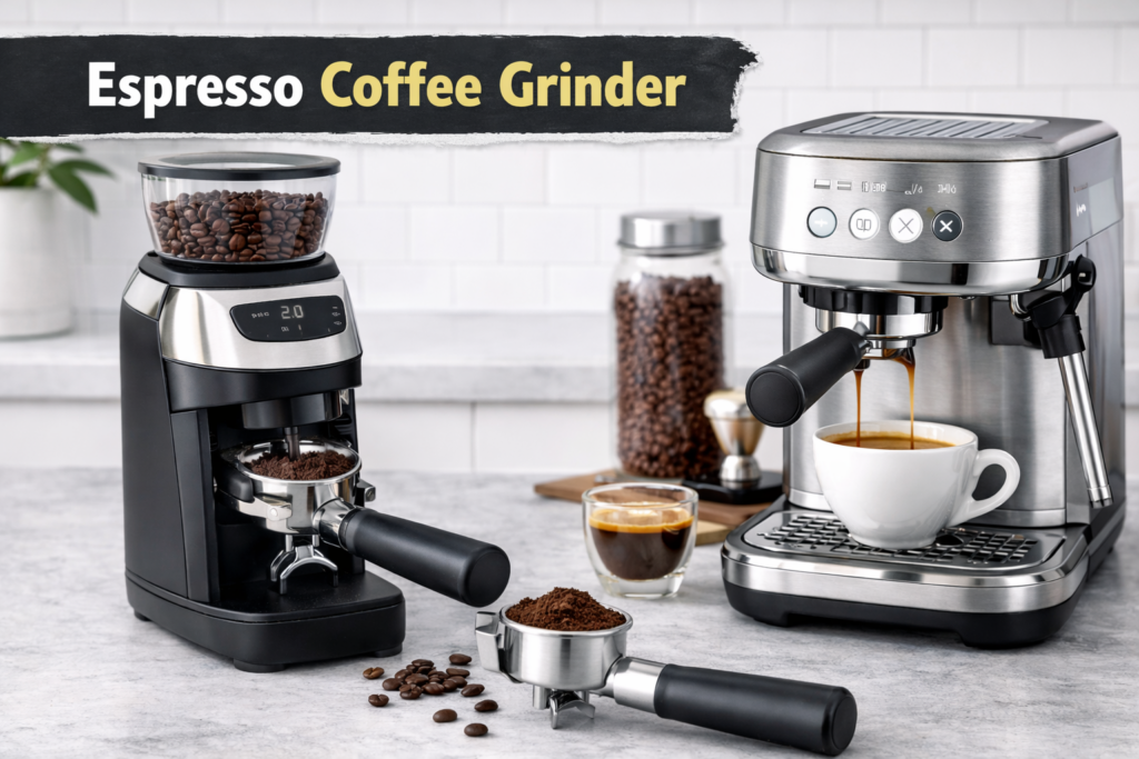 Best coffee grinders for espresso — beginner-friendly picks shown alongside an espresso machine and portafilter on a kitchen counter