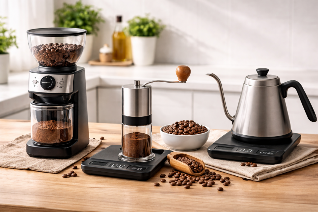 Best Coffee Grinders hub: burr grinder, manual grinder, coffee beans and scale on a kitchen table with a pour over kettle