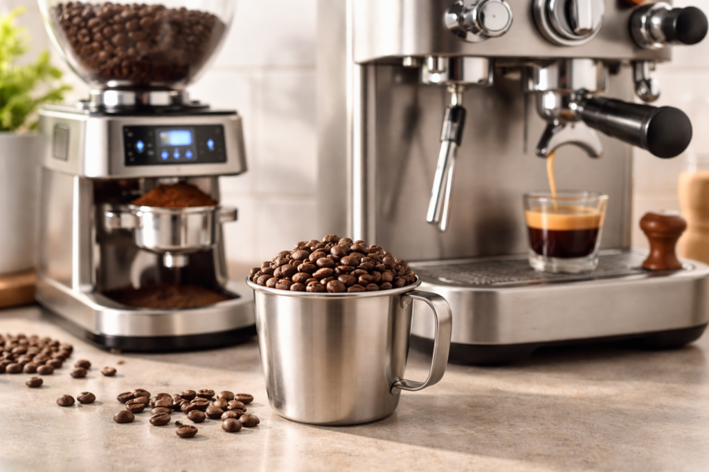 Manual vs Automatic Espresso Machines: A Complete Buyer’s Guide for Home Baristas 1 Home espresso setup with espresso machine grinder and coffee beans on kitchen counter