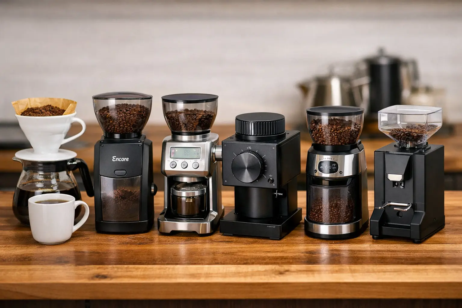 Burr grinders lined up with a V60 dripper and mug