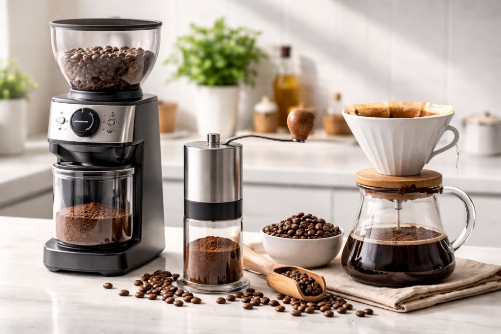 Best coffee grinders hub: burr grinder, manual grinder, pour-over dripper, and coffee beans on a bright kitchen counter (no text)