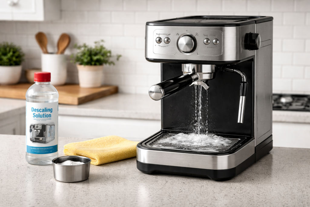 How to Descale an Espresso Machine: Complete Guide (2026) 5 Blind portafilter basket inserted in espresso machine group head during backflush cleaning cycle