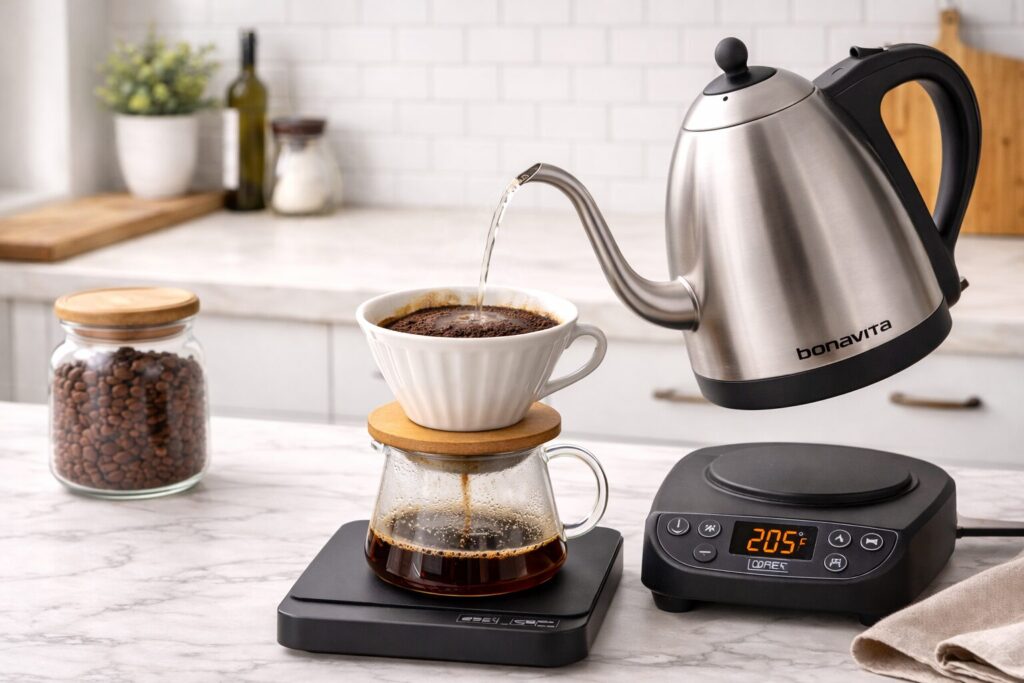 Bonavita variable temperature gooseneck kettle set up for pour-over coffee brewing