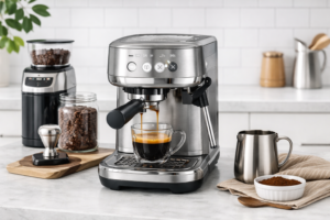 Breville Bambino Plus on a bright kitchen counter with cup and accessories