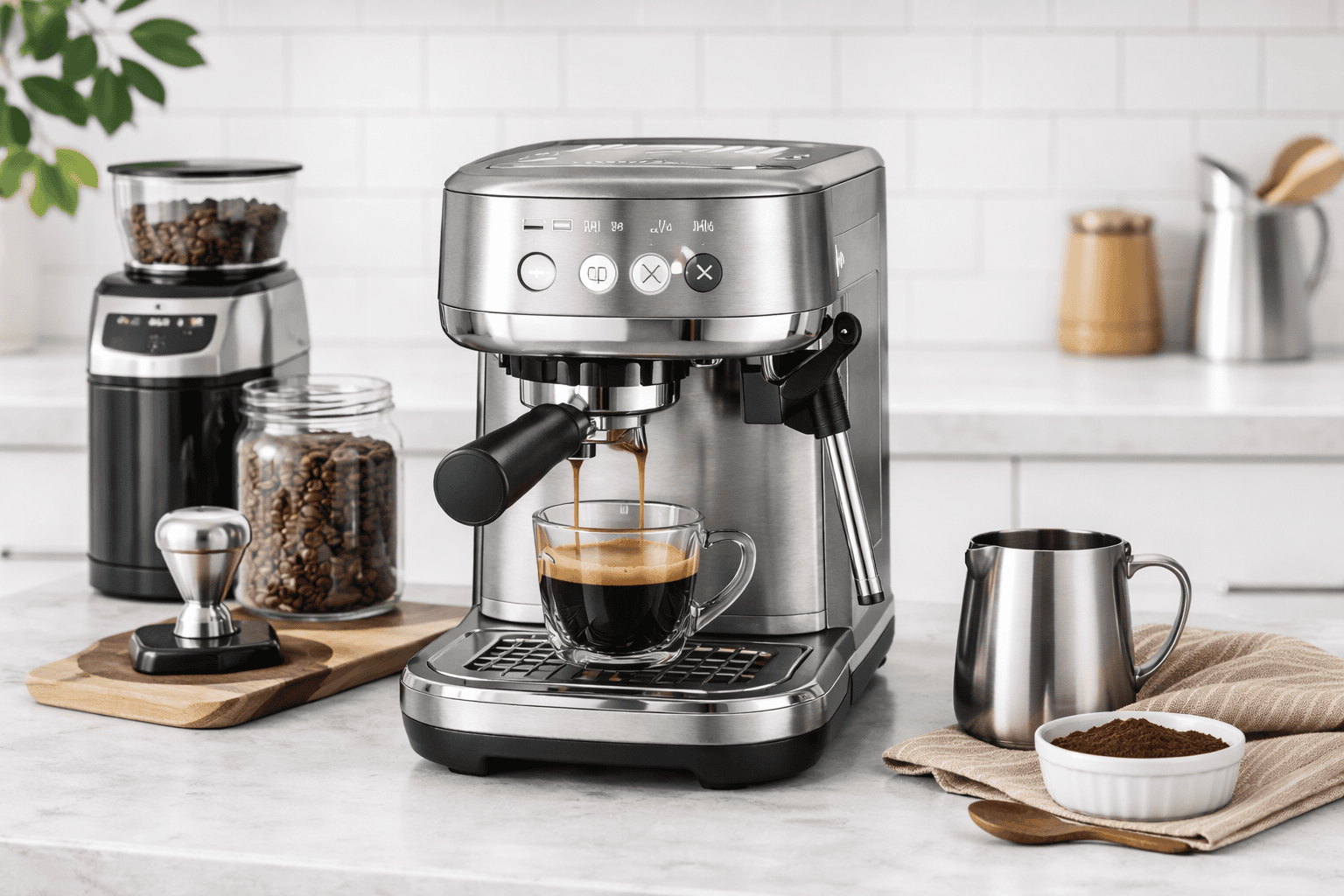 Breville Bambino Plus on a kitchen counter with cup and accessories