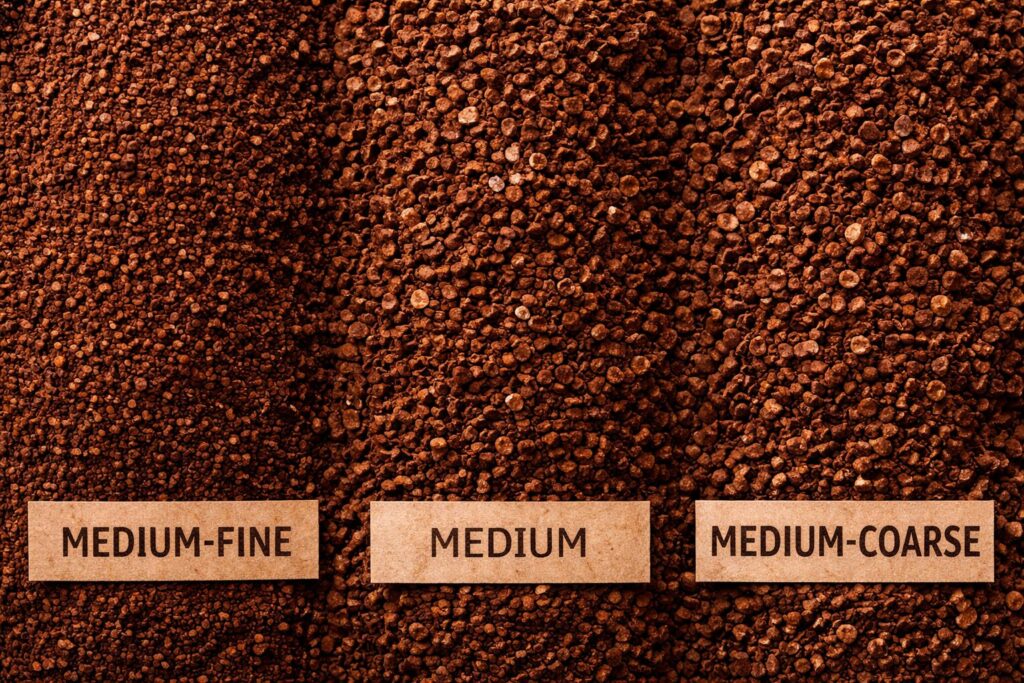 Coffee Grind Size for Pour-Over (Chart + Taste Adjustments) 2 Close-up of coffee grounds showing medium-fine, medium, and medium-coarse grind textures for pour-over
