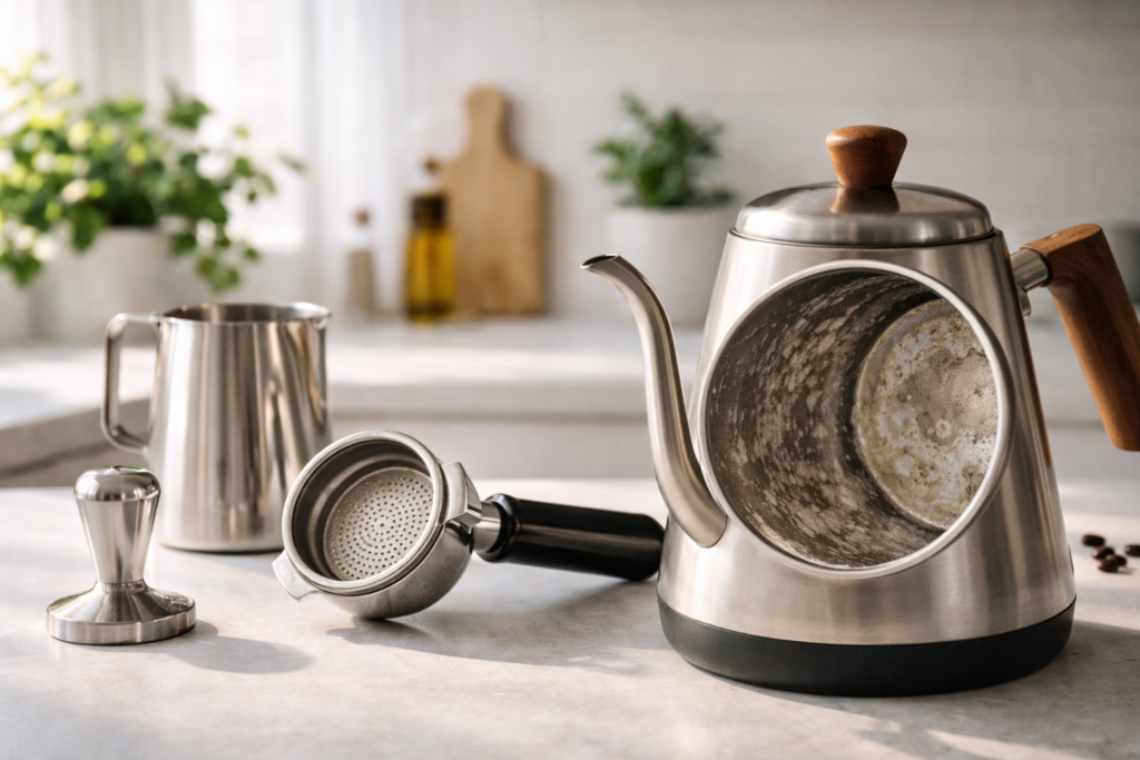 Water Quality for Coffee: How Water Chemistry Affects Flavor (Simple Guide) 4 Clean espresso machine parts beside a kettle showing mineral scale buildup from hard water