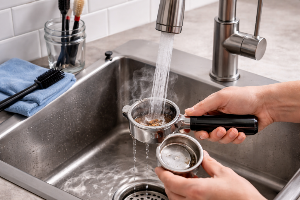 Espresso Machine Maintenance: The Complete Long-Term Care Guide for Home Espresso Machines 2 Cleaning espresso portafilter and basket with hot water after brewing