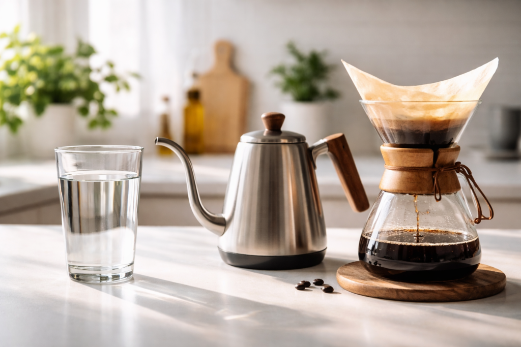 Water Quality for Coffee: How Water Chemistry Affects Flavor (Simple Guide) 1 Clear glass of filtered water beside a pour-over kettle and coffee brewer on a bright kitchen counter