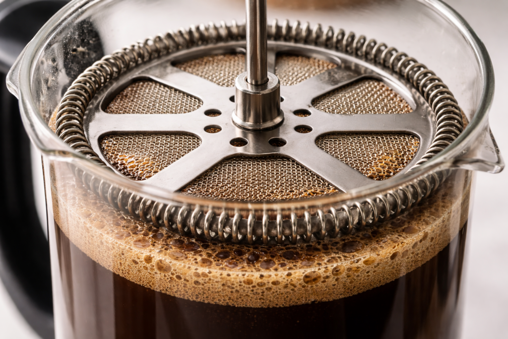 Best French Press Coffee Makers (2026 Guide): Simple, Bold Coffee at Home 2 Close-up of French press plunger and metal mesh filter above brewed coffee, emphasizing filtration and sediment control