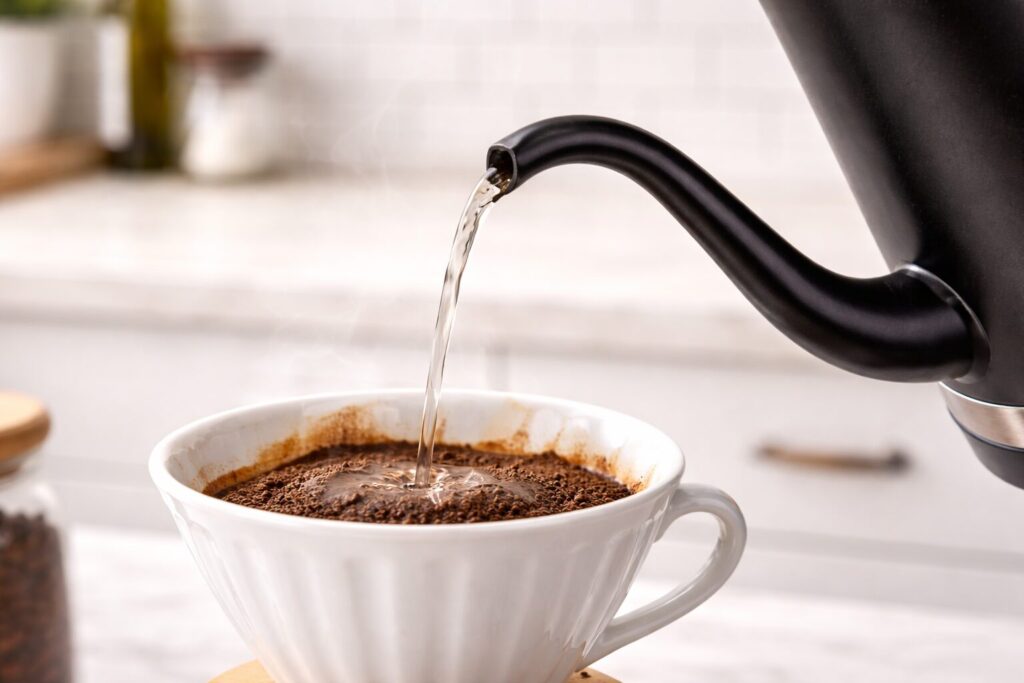 Close-up of a gooseneck kettle spout showing controlled water flow for pour-over coffee