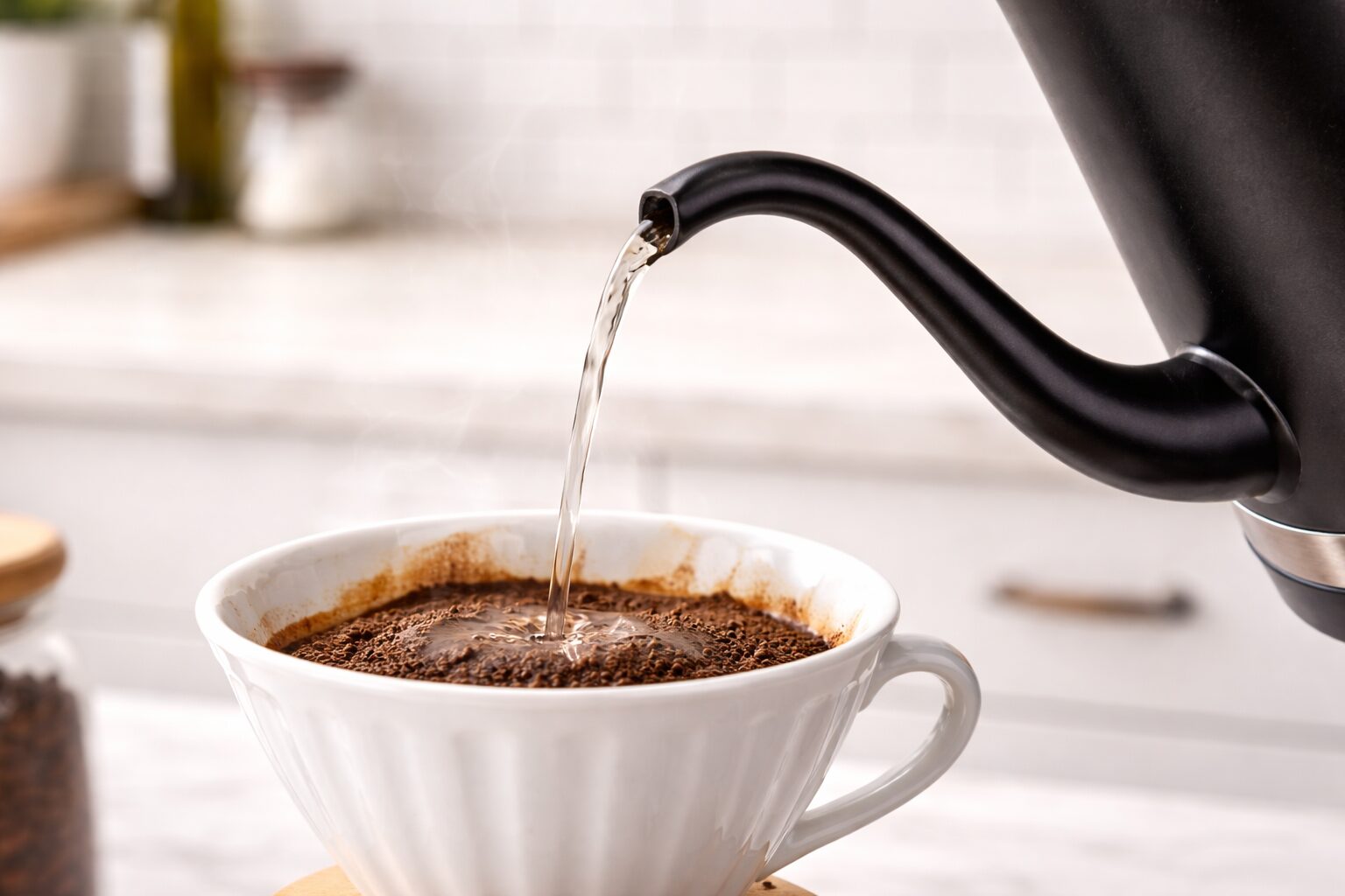 Close-up of a gooseneck kettle spout pouring a thin, controlled stream