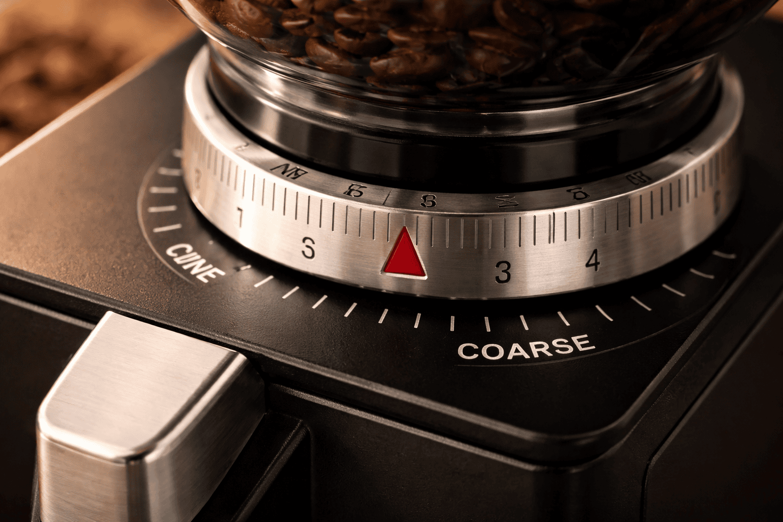 Best Burr Grinders for Espresso (Home Barista Guide) 2 Close-up of a stepless espresso grinder adjustment dial showing fine control markings
