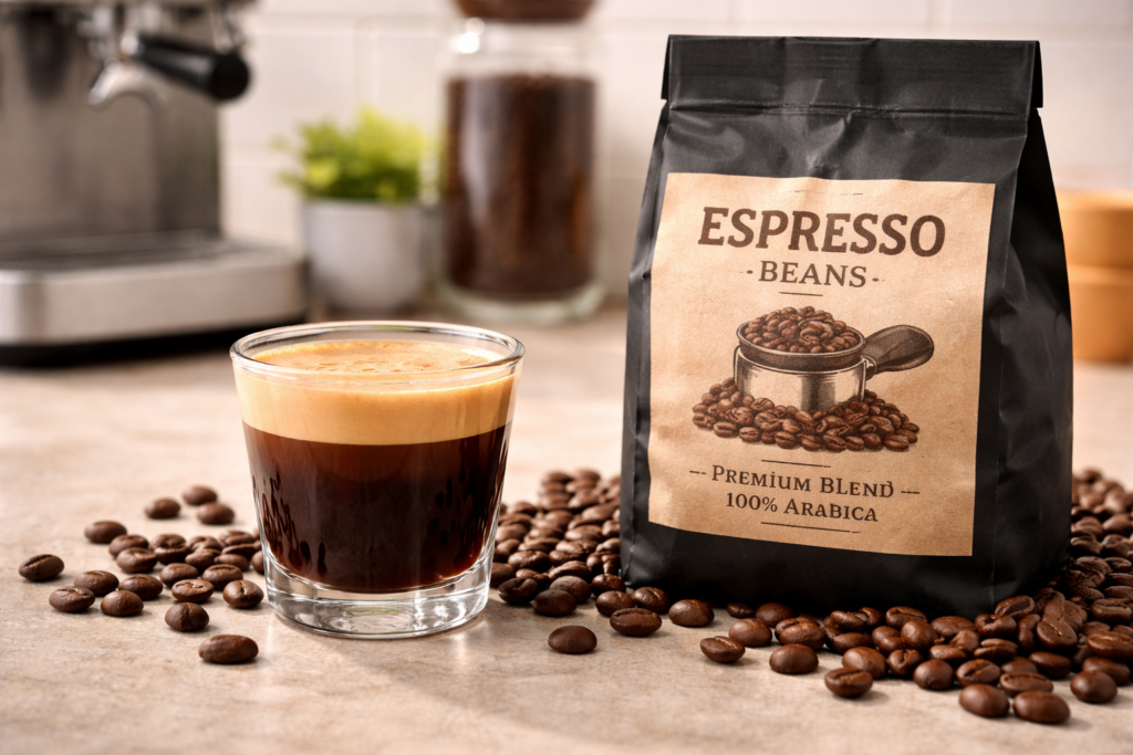 Best Espresso Beans for Home Espresso (2026): Top Picks + Buying Guide 3 Espresso Coffee Beans on table with coffee in glass cup