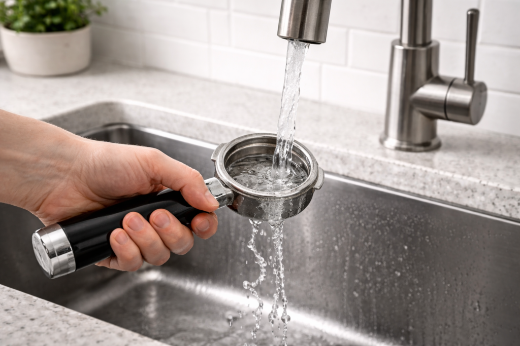 How to Descale an Espresso Machine: Complete Guide (2026) 2 Close-up of hands rinsing espresso portafilter under running water at kitchen sink