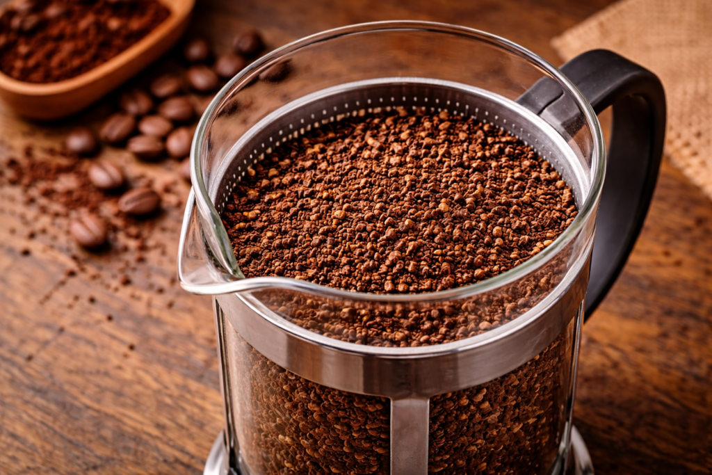Grind Size Explained: The Complete Guide to Coffee Grind for Better Flavor (Espresso, Drip, Pour-Over & More) 5 Coarse coffee grounds in a French press filter screen