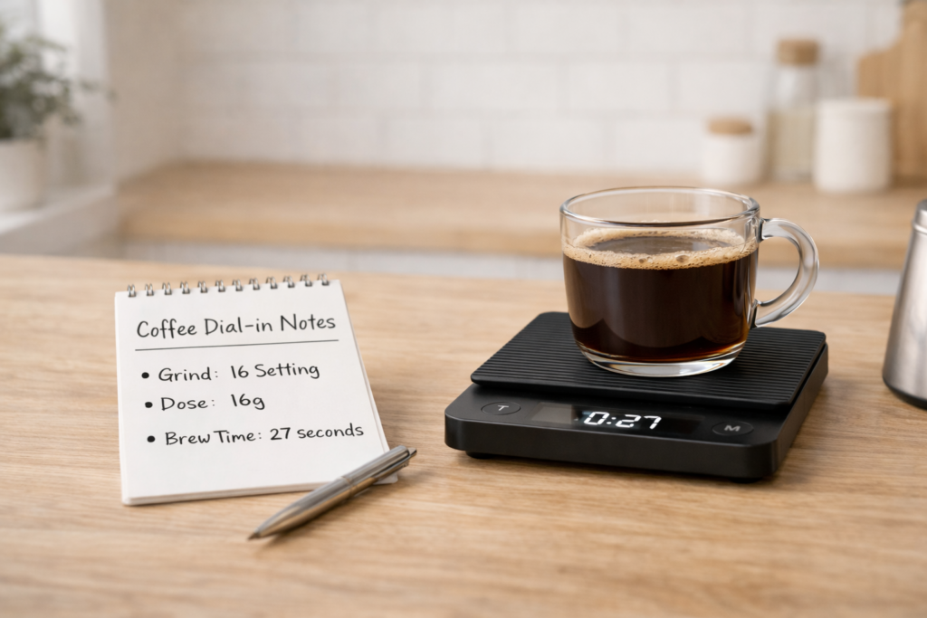 How to Dial In Coffee at Home (Step-by-Step Guide for Better Flavor) 6 Coffee dial in notes next to a digital scale and brewed cup showing repeatable adjustments