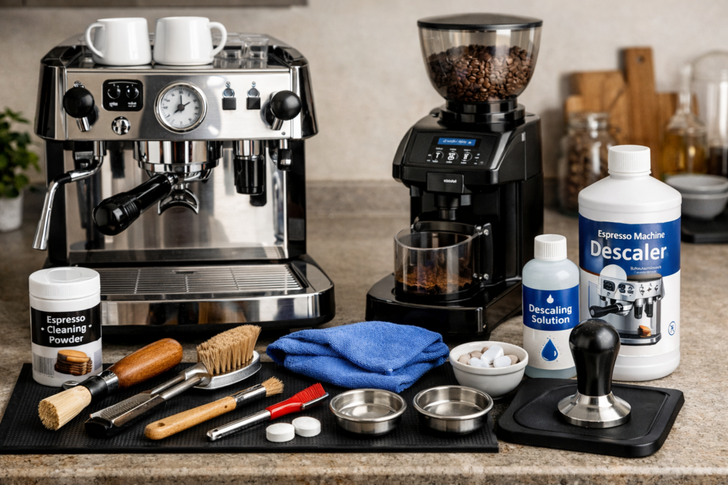 Coffee equipment maintenance setup with espresso machine, grinder, cleaning tools, and descaling solution on a kitchen counter