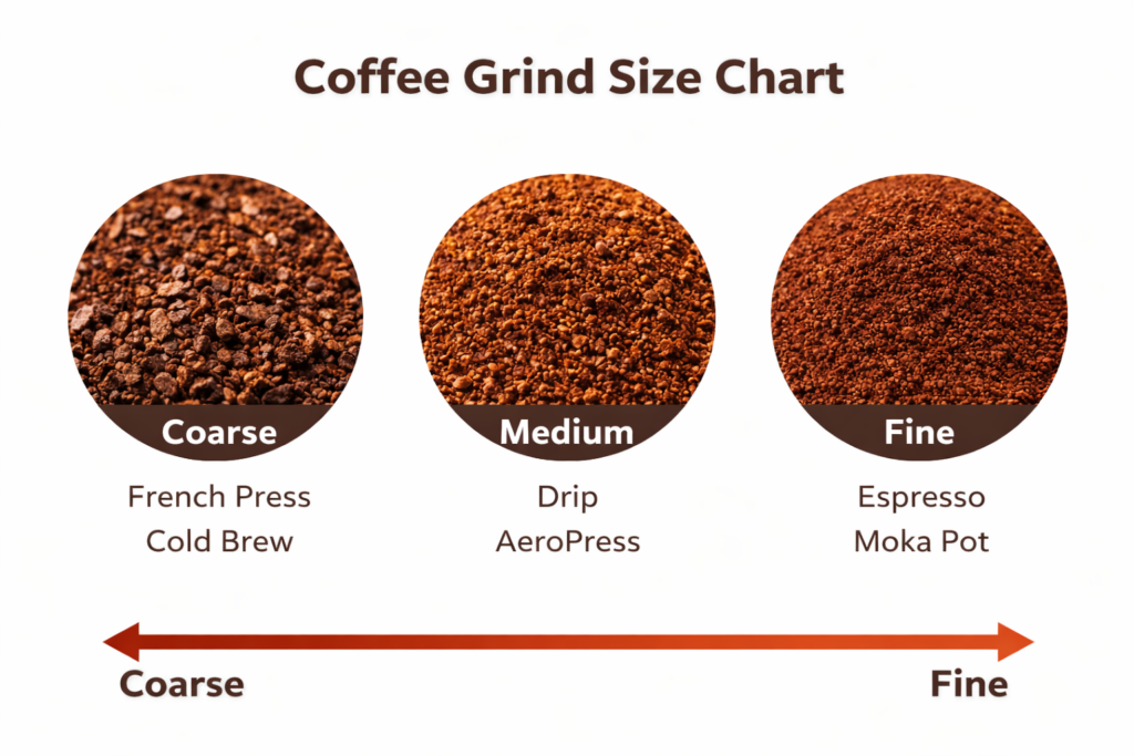 Grind Size Explained: The Complete Guide to Coffee Grind for Better Flavor (Espresso, Drip, Pour-Over & More) 4 Coffee grind size chart showing coarse, medium, and fine ranges for common brew methods