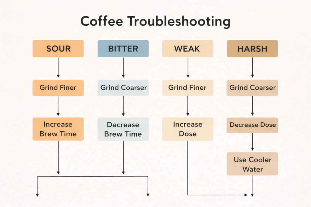 How to Dial In Coffee at Home (Step-by-Step Guide for Better Flavor) 4 Coffee troubleshooting flowchart for sour bitter weak and harsh coffee with dial in fixes