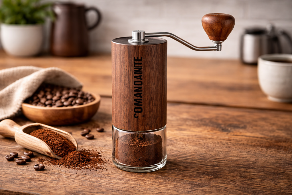 Best Manual Coffee Grinders (2026 Buyer’s Guide) 7 Comandante C40 grinder on rustic table