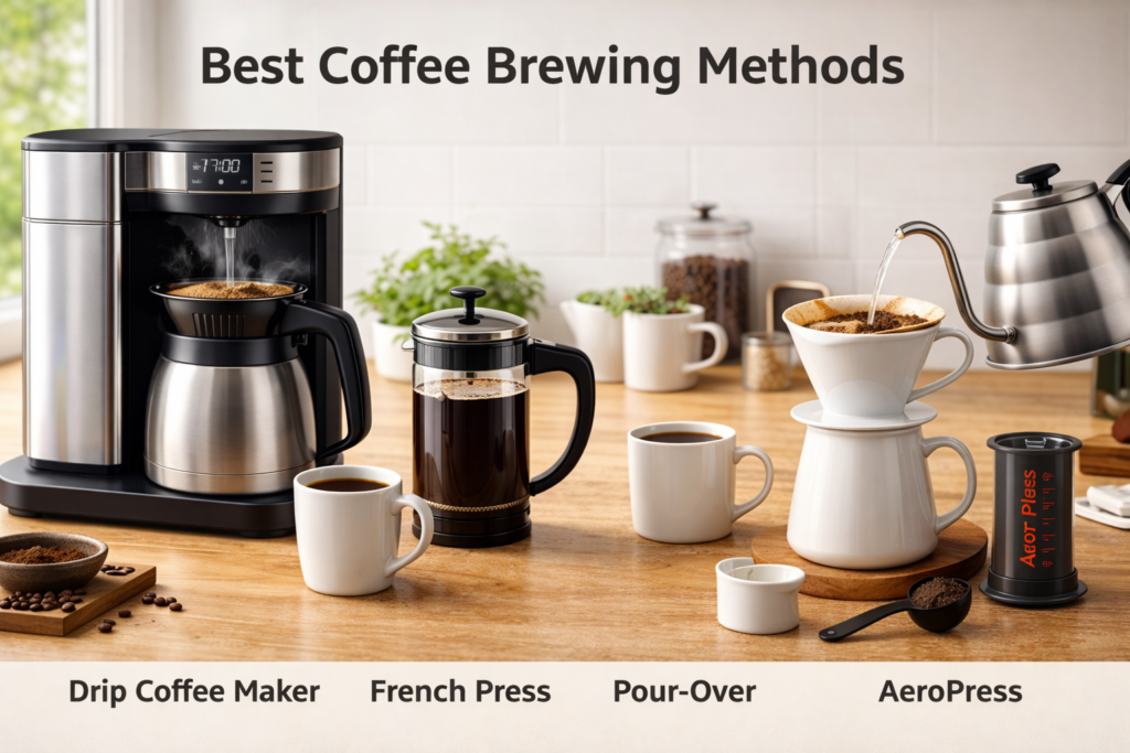 Best Coffee Brewing Methods for Beginners 1 Comparison of best coffee brewing methods for beginners including drip maker, French press, pour-over, and AeroPress