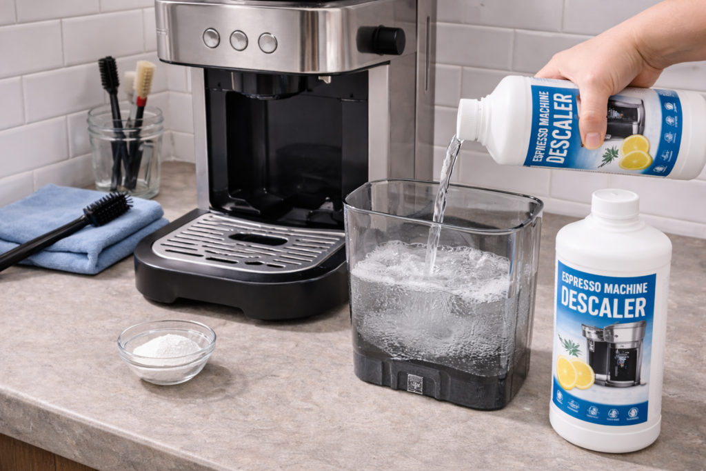 Espresso Machine Maintenance: The Complete Long-Term Care Guide for Home Espresso Machines 5 Descaling espresso machine using approved descaling solution with water tank removed on counter