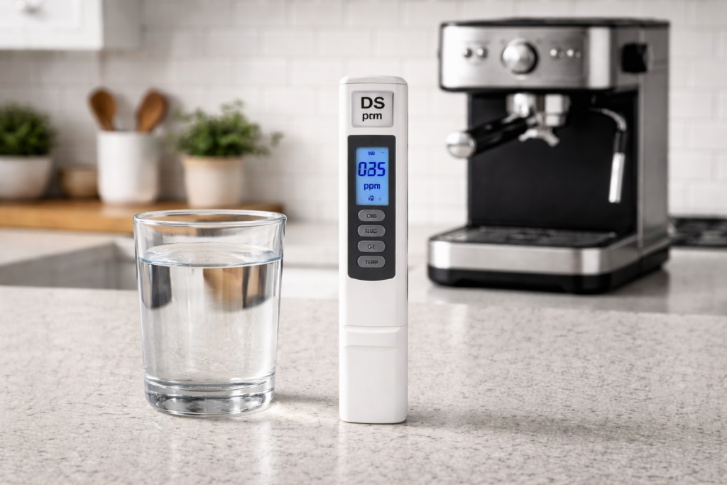 How to Descale an Espresso Machine: Complete Guide (2026) 3 Digital TDS water testing meter next to glass of water with espresso machine in background