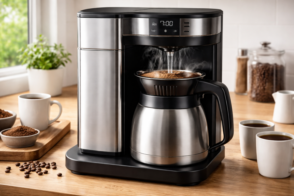 Best Coffee Brewing Methods for Beginners 2 Drip coffee maker brewing fresh coffee showing thermal carafe and even water distribution