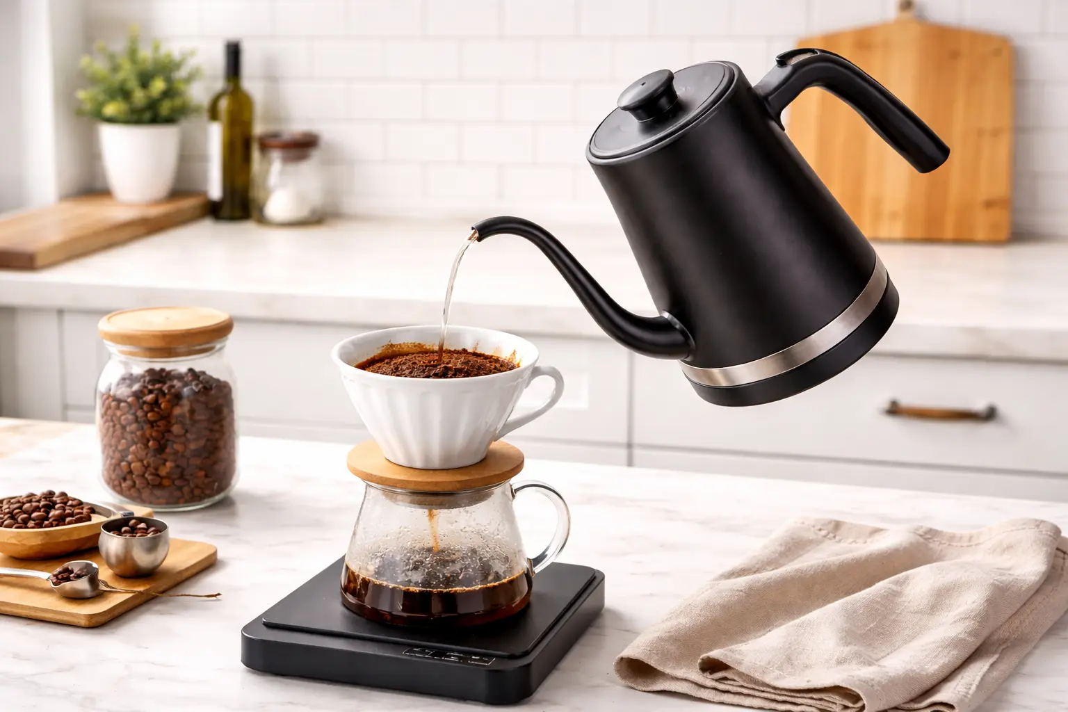 Electric gooseneck kettle pouring hot water over a pour-over coffee dripper
