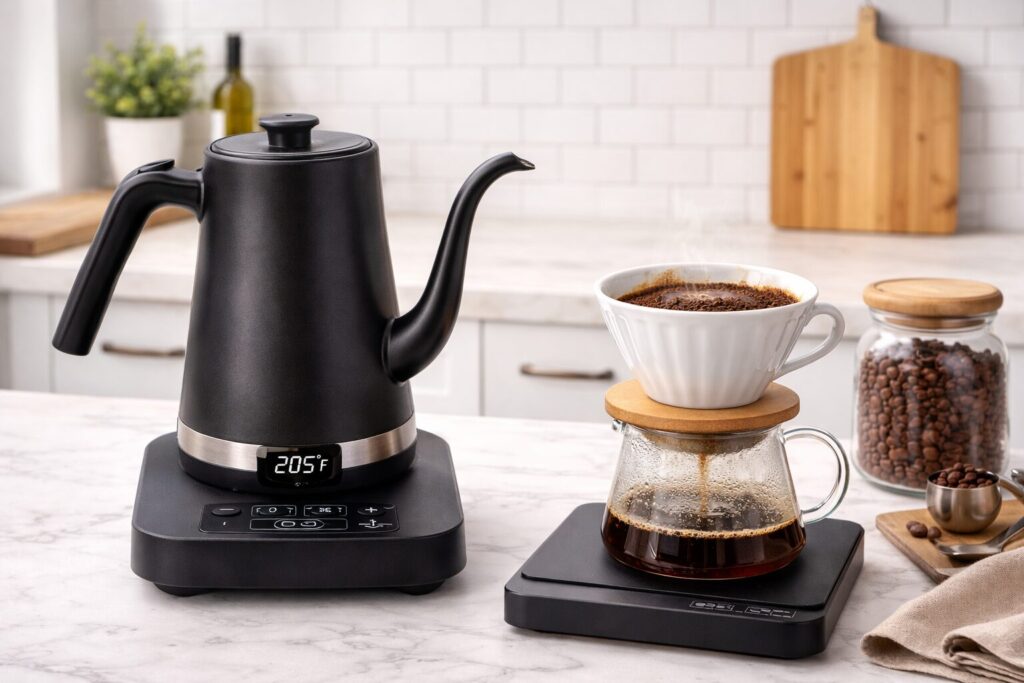 Electric gooseneck kettle with digital temperature control next to a coffee scale and pour-over brewer