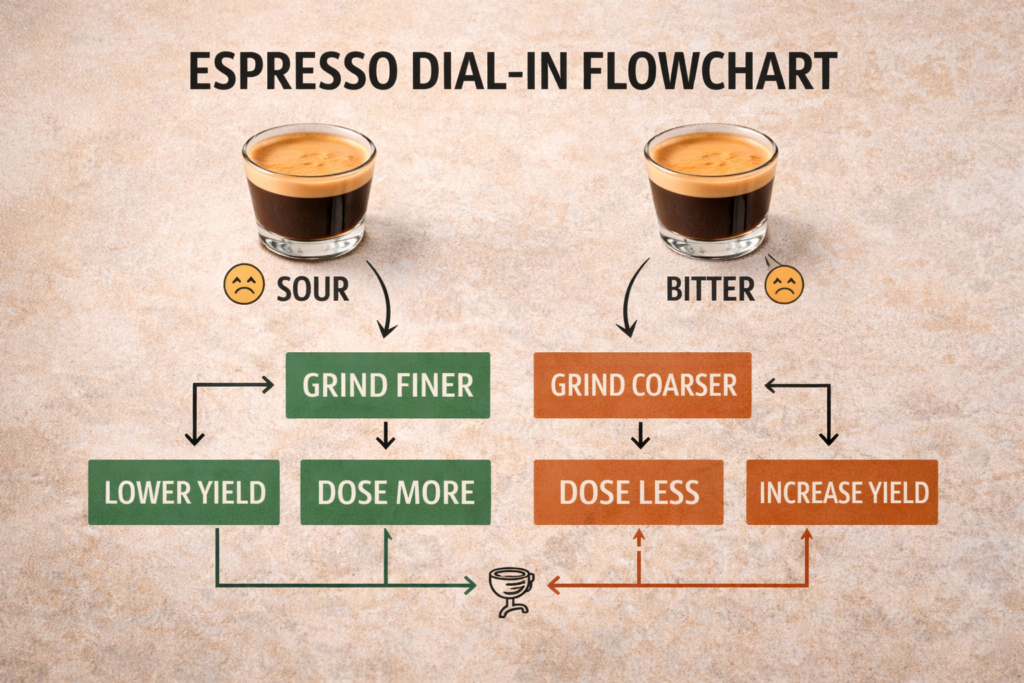 Best Espresso Beans for Home Espresso (2026): Top Picks + Buying Guide 4 Espresso dial-in flowchart showing how to adjust grind, dose, and yield based on sour or bitter taste
