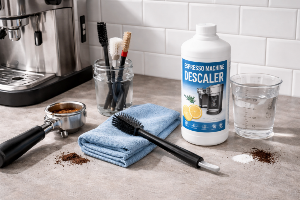 Espresso Machine Maintenance: The Complete Long-Term Care Guide for Home Espresso Machines 1 Espresso machine maintenance setup with portafilter, cleaning brush, microfiber cloth, and descaling solution on a kitchen counter