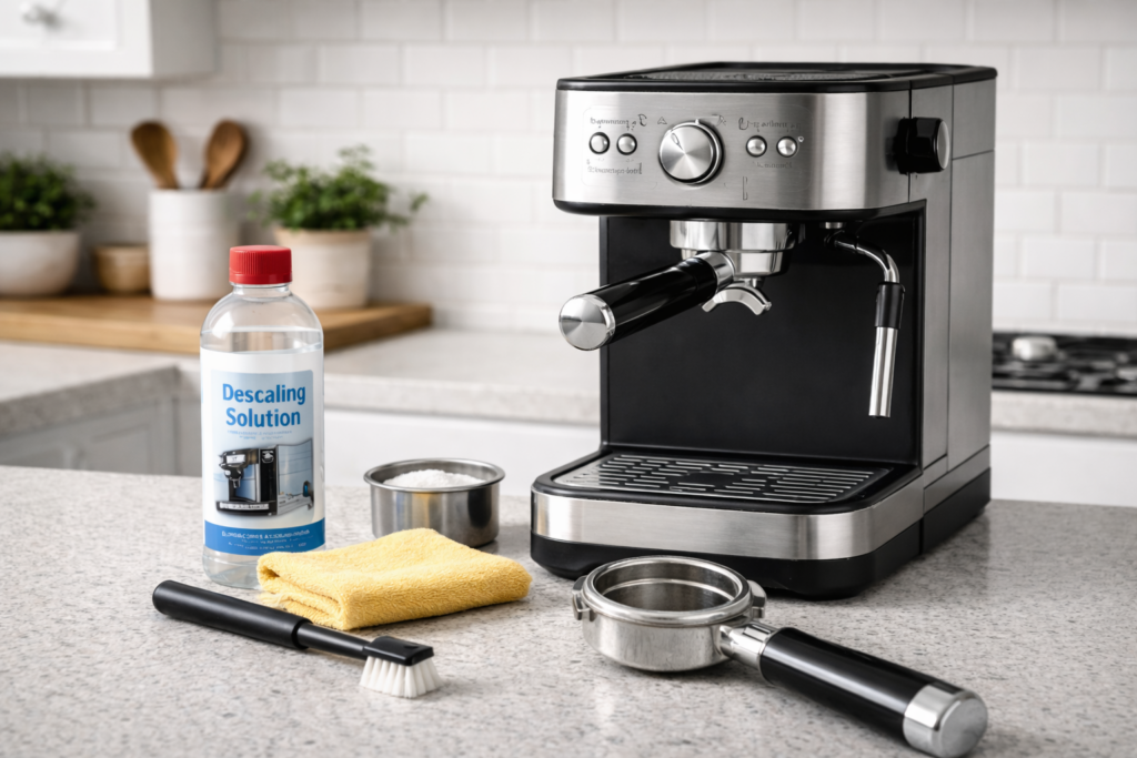 How to Descale an Espresso Machine: Complete Guide (2026) 1 Espresso machine on kitchen counter with cleaning supplies, portafilter, brush, and descaling solution arranged nearby