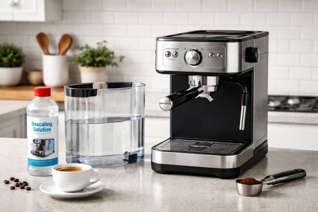 How to Descale an Espresso Machine: Complete Guide (2026) 6 Espresso machine water tank removed with bottle of descaling solution on kitchen counter