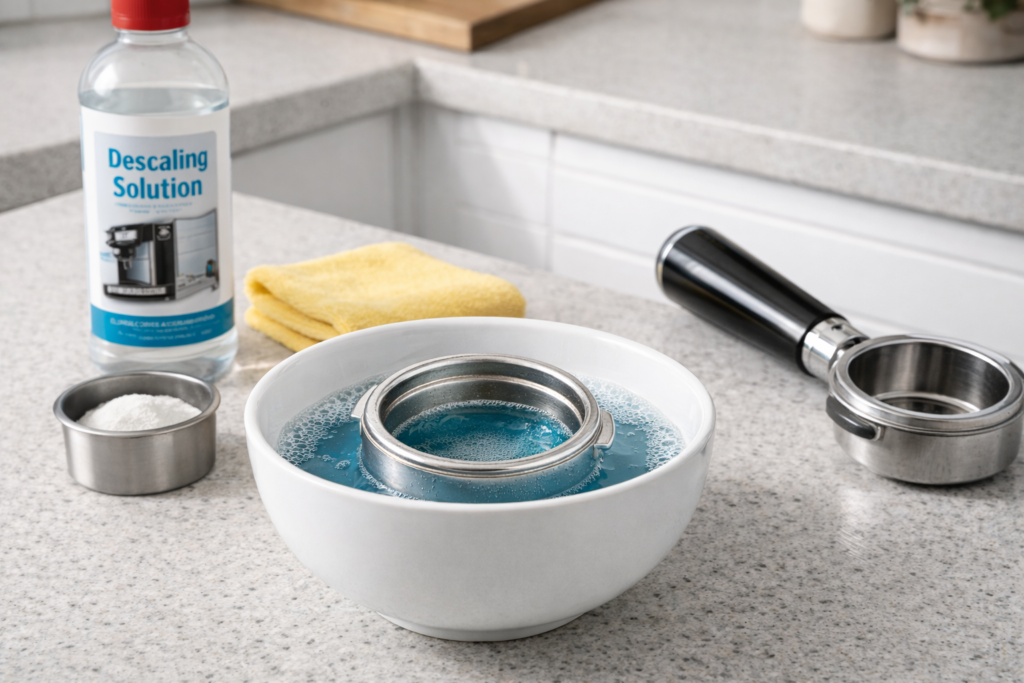 How to Descale an Espresso Machine: Complete Guide (2026) 4 Espresso portafilter basket soaking in cleaning solution in a white bowl on counter