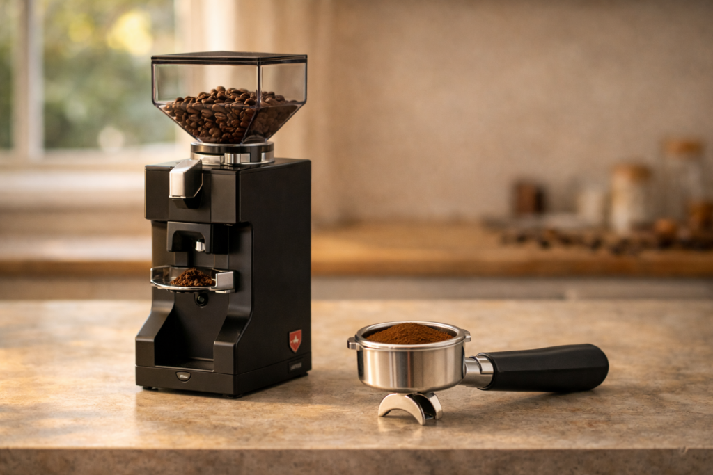 Best Espresso Grinders (2026): The Only Upgrade That Truly Improves Your Espresso 5 Eureka Mignon Notte espresso grinder on a kitchen counter with portafilter nearby