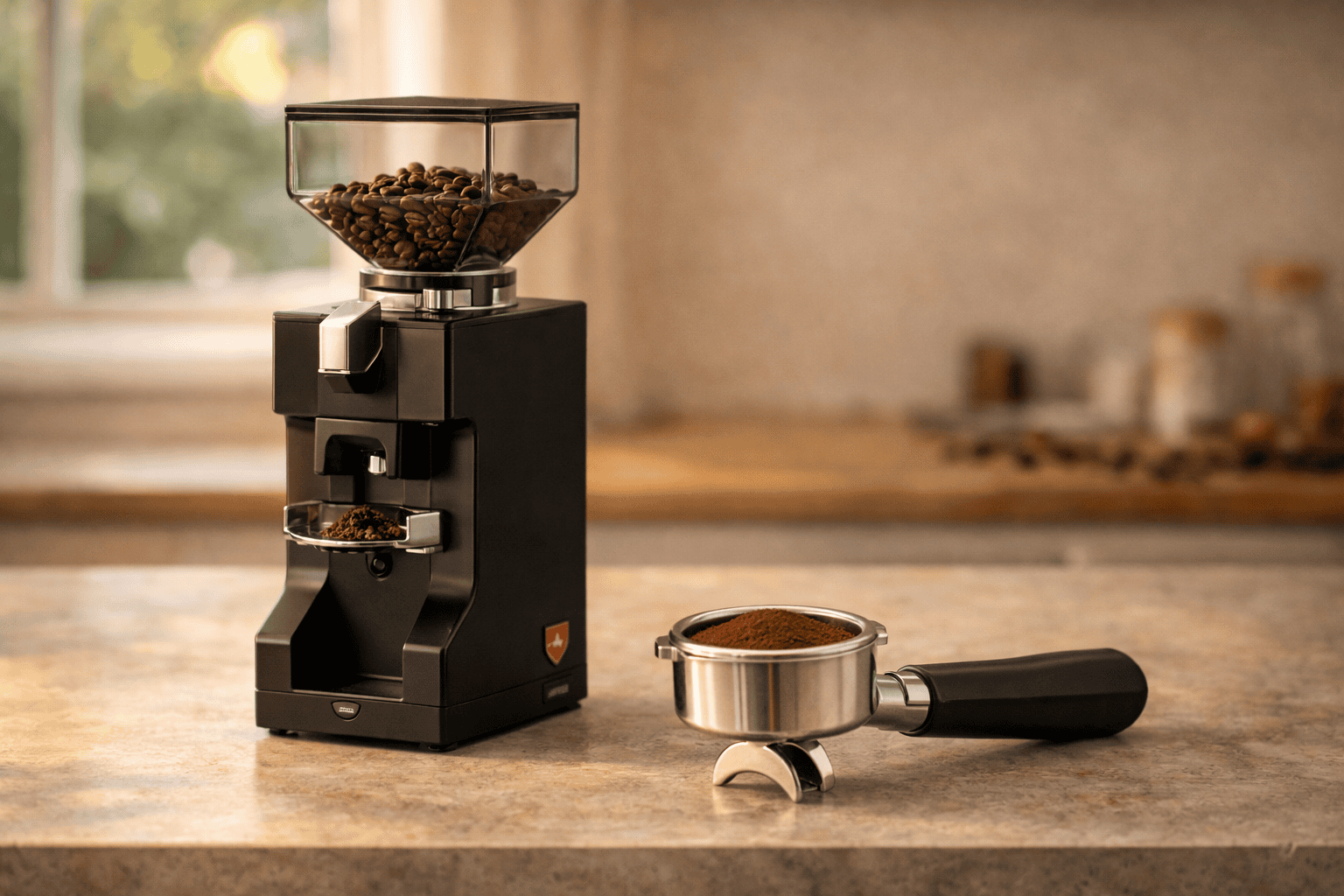 Best Burr Grinders for Espresso (Home Barista Guide) 5 Eureka Mignon Notte espresso grinder on a kitchen counter