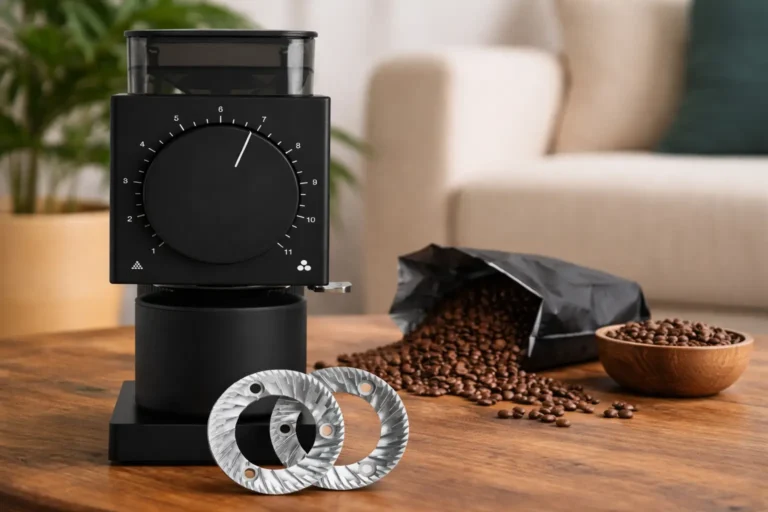 Fellow Ode Gen 2 electric burr grinder for pour over coffee on a kitchen counter