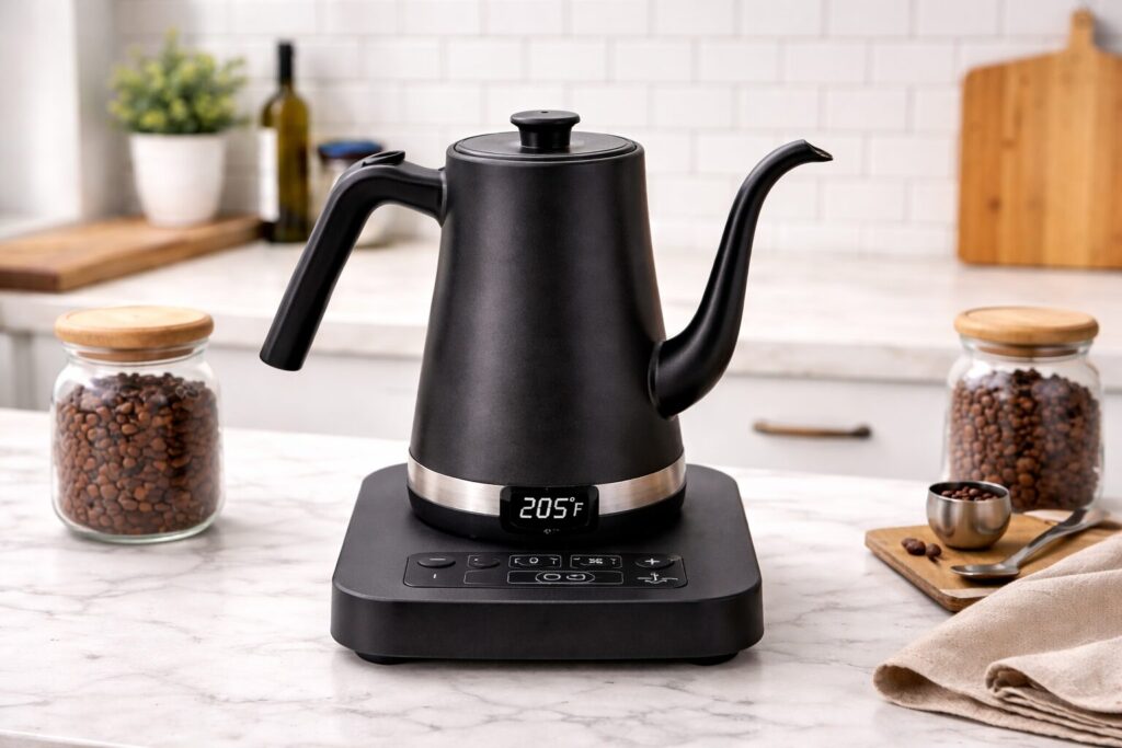 Fellow Stagg EKG electric gooseneck kettle on countertop with temperature display