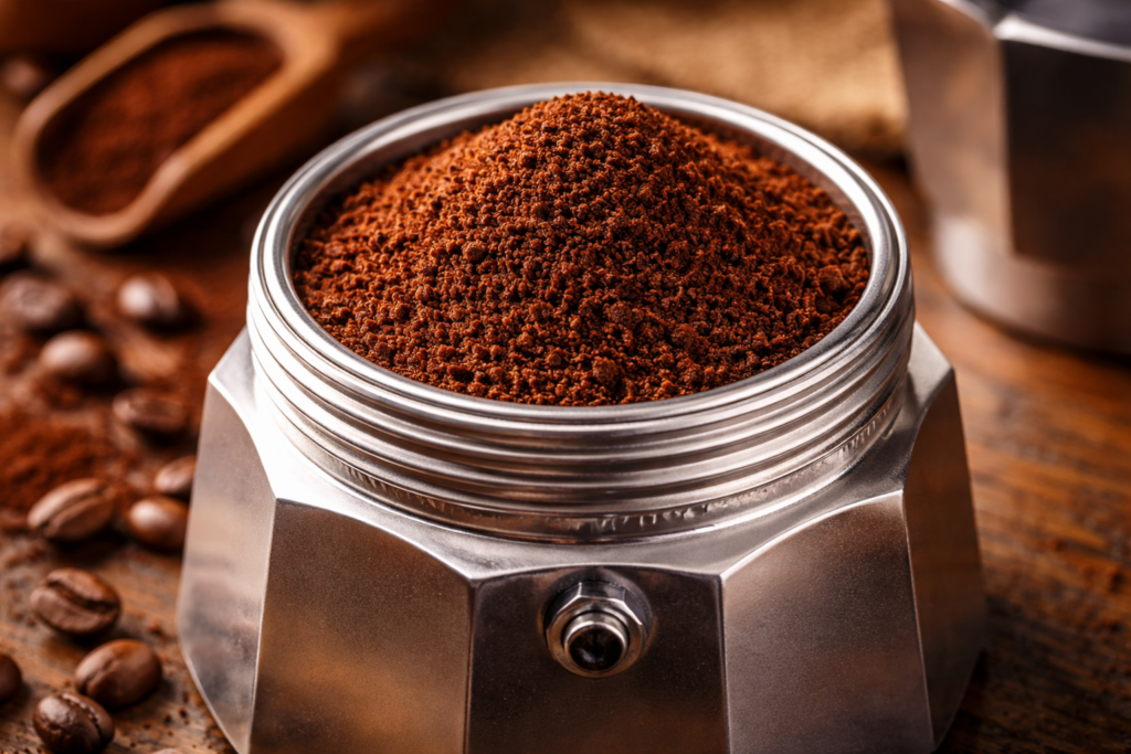 Grind Size Explained: The Complete Guide to Coffee Grind for Better Flavor (Espresso, Drip, Pour-Over & More) 9 Fine coffee grind in a moka pot basket