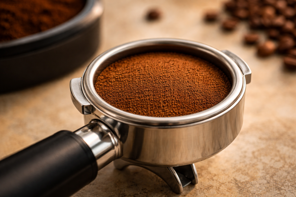 Best Espresso Grinders (2026): The Only Upgrade That Truly Improves Your Espresso 2 Fine espresso coffee grounds in a portafilter basket showing smooth, even texture