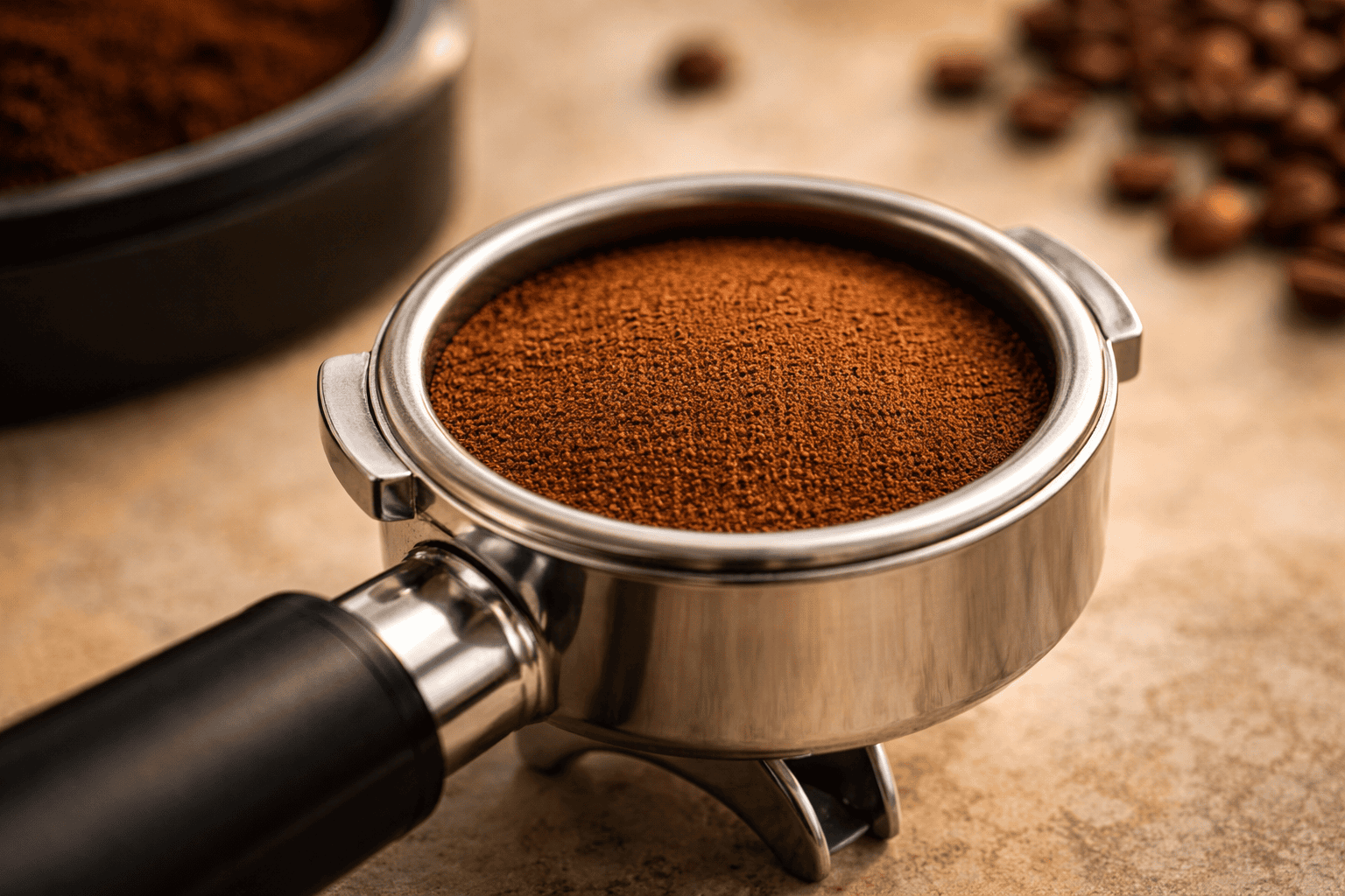Fine, evenly distributed espresso grounds in a portafilter basket