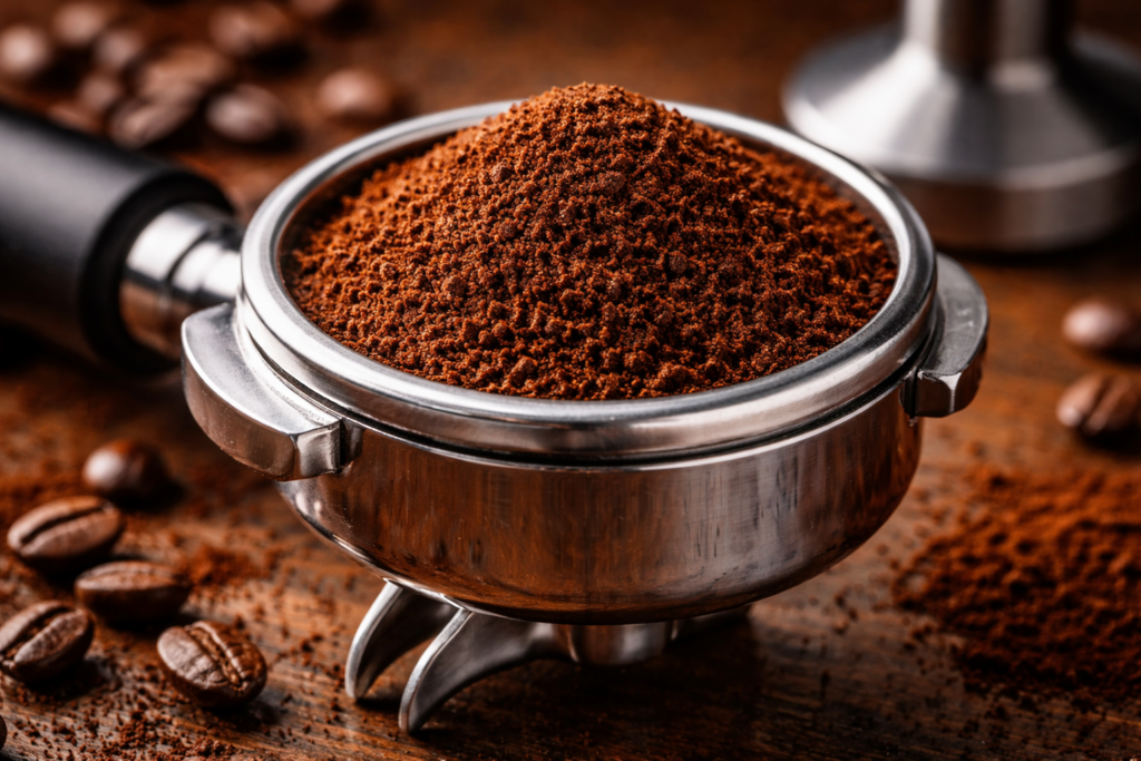 Grind Size Explained: The Complete Guide to Coffee Grind for Better Flavor (Espresso, Drip, Pour-Over & More) 10 Fine espresso grind texture close up in portafilter basket