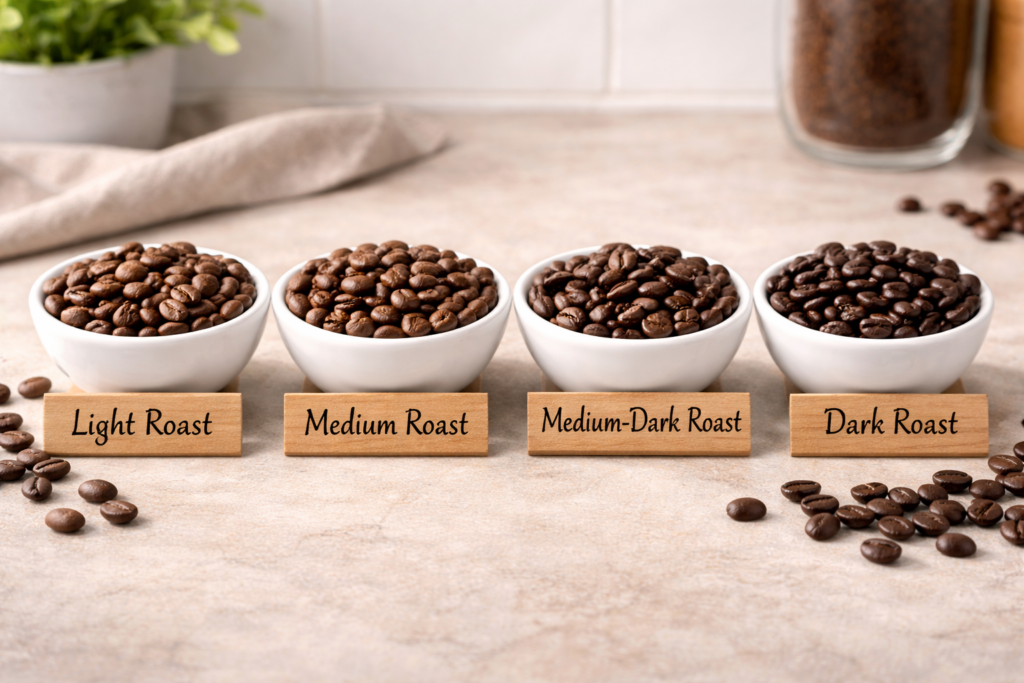 Best Espresso Beans for Home Espresso (2026): Top Picks + Buying Guide 2 Four small bowls of coffee beans labeled light, medium, medium-dark, and dark roast for espresso selection