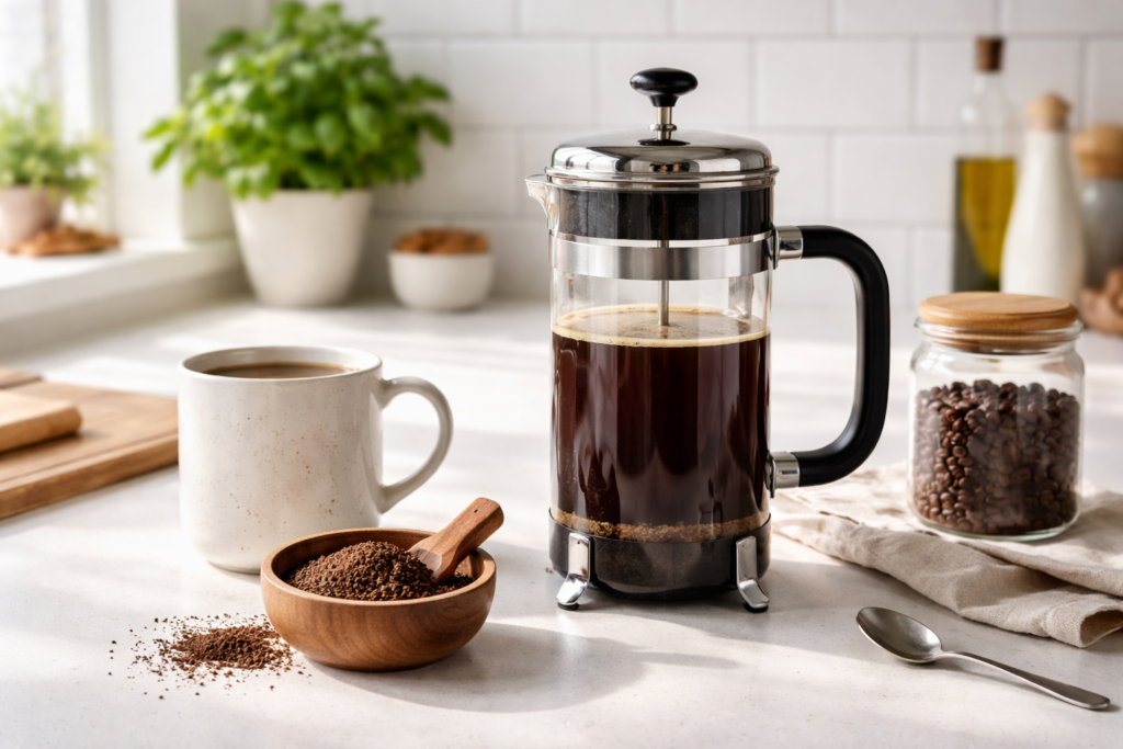 Best French Press Coffee Makers (2026 Guide): Simple, Bold Coffee at Home 1 French press coffee maker on a bright kitchen counter with coarse grounds and a mug, showing a simple home brewing setup